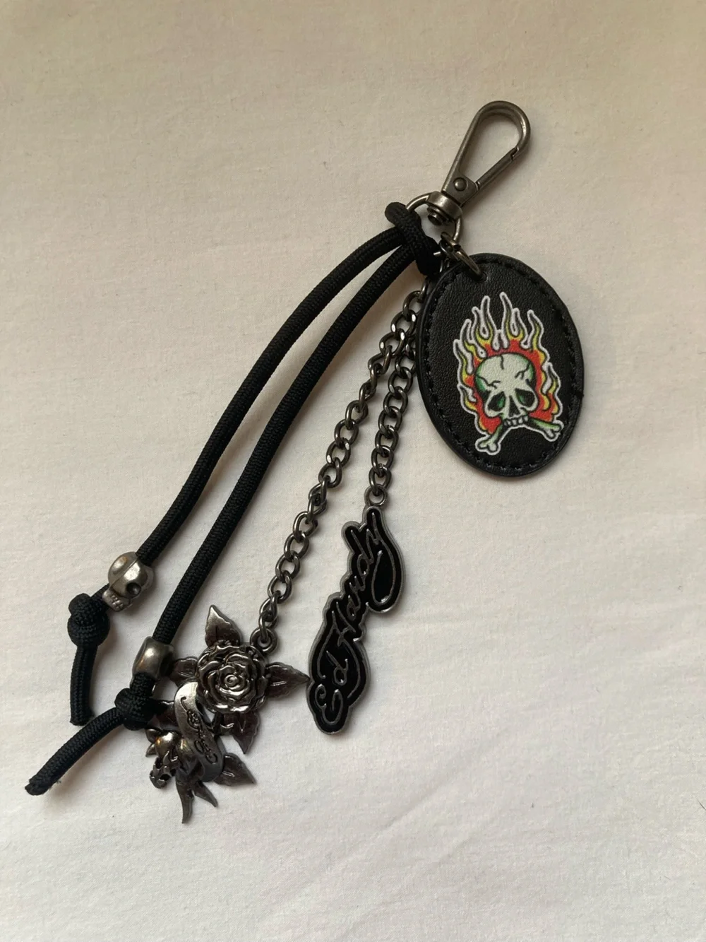Ed Hardy Black Flame Skull Keychain with Red and Yellow Accent